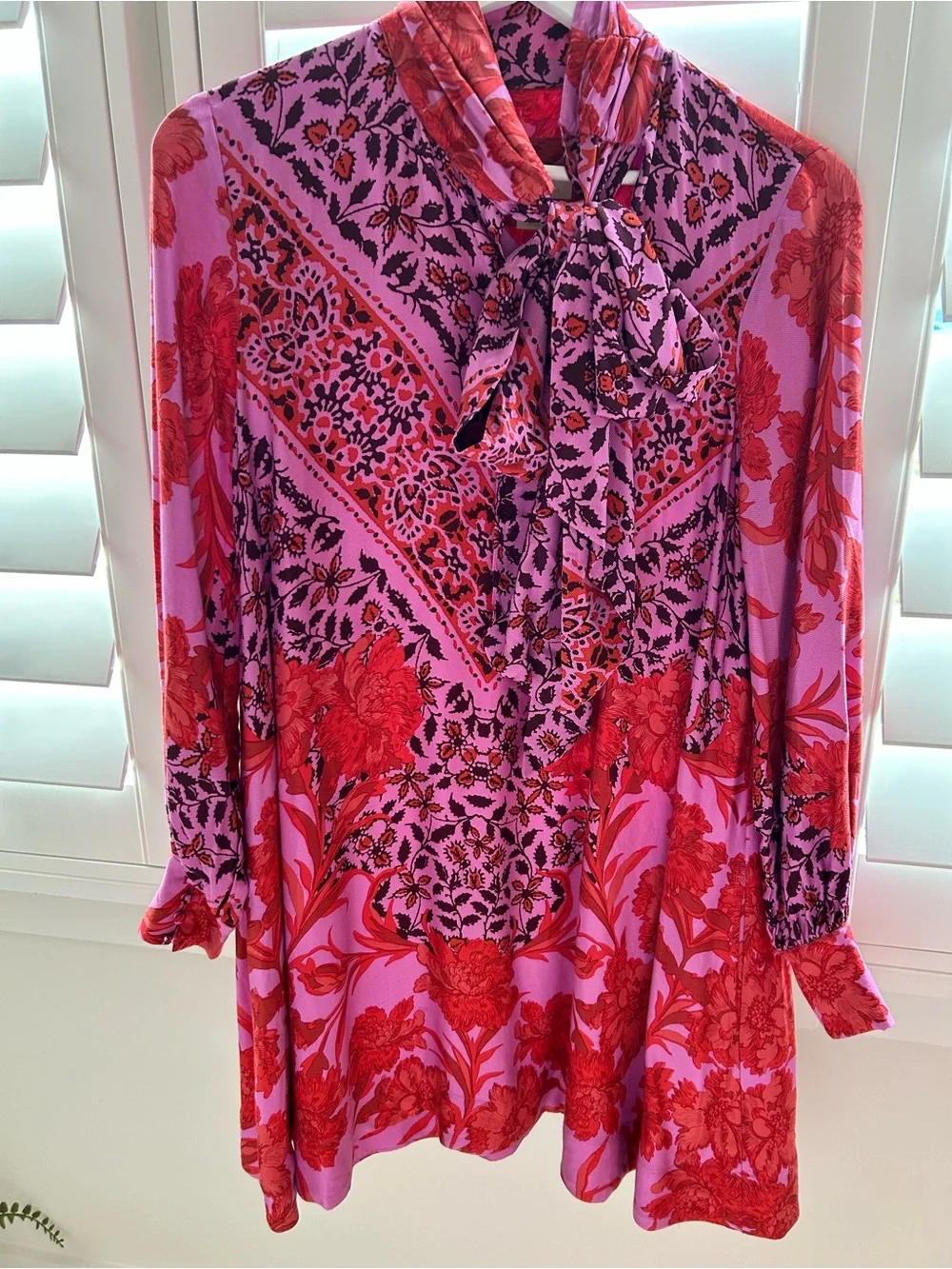 Anthropologie Maeve Fall  Pink & Red Floral Tie-Neck Long Sleeve Dress